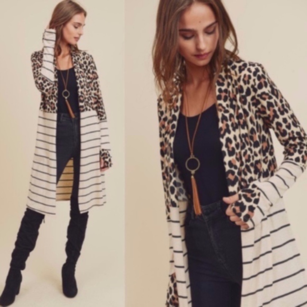Cream Leopard Print Stripes Color Block Cardigan … - image 1